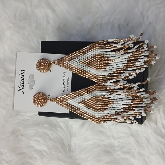 NWT Natasha Couture Gold/Brown White Beaded Fringe Boho Festival Earrings - Picture 2 of 13